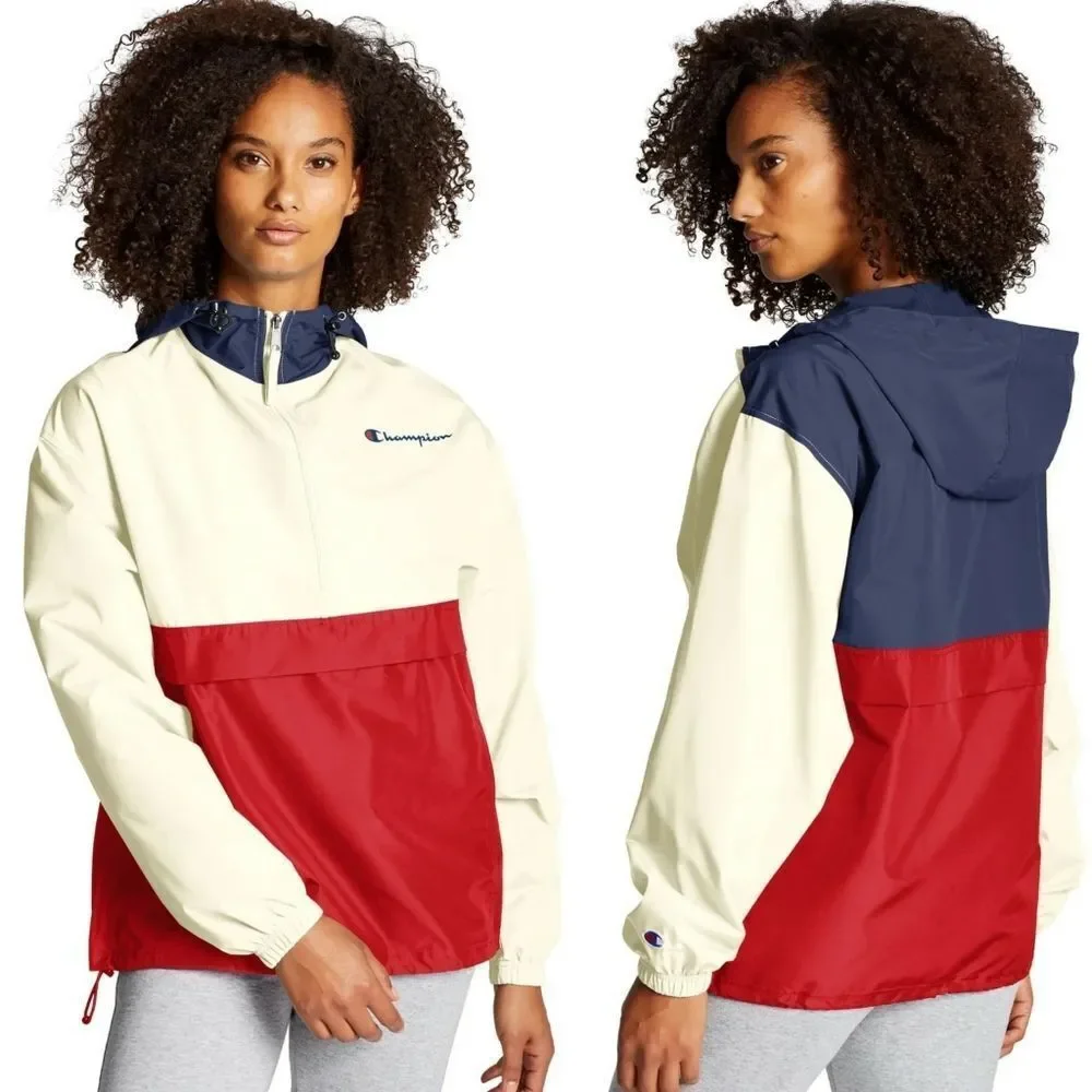 New! CHAMPION Colorblock Hooded Packable Jacket Wind & Water Resistant Small